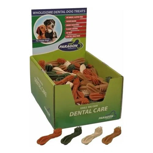 Box of Paragon wholesome dental dog treats with various dog chew toys displayed at Pet Servo