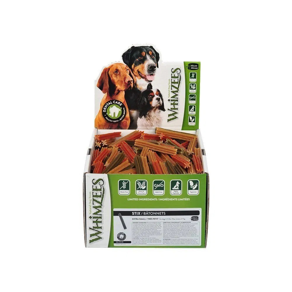 Box of Whimzees dog treats with images of dogs on a white background at Pet Servo