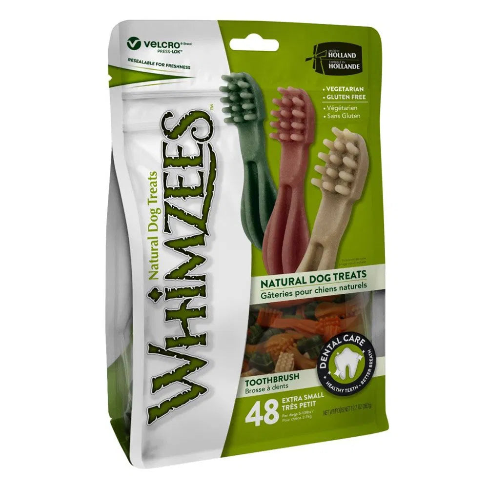 Packaging of Whimzees natural dog treats with toothbrushes on a white background at Pet Servo