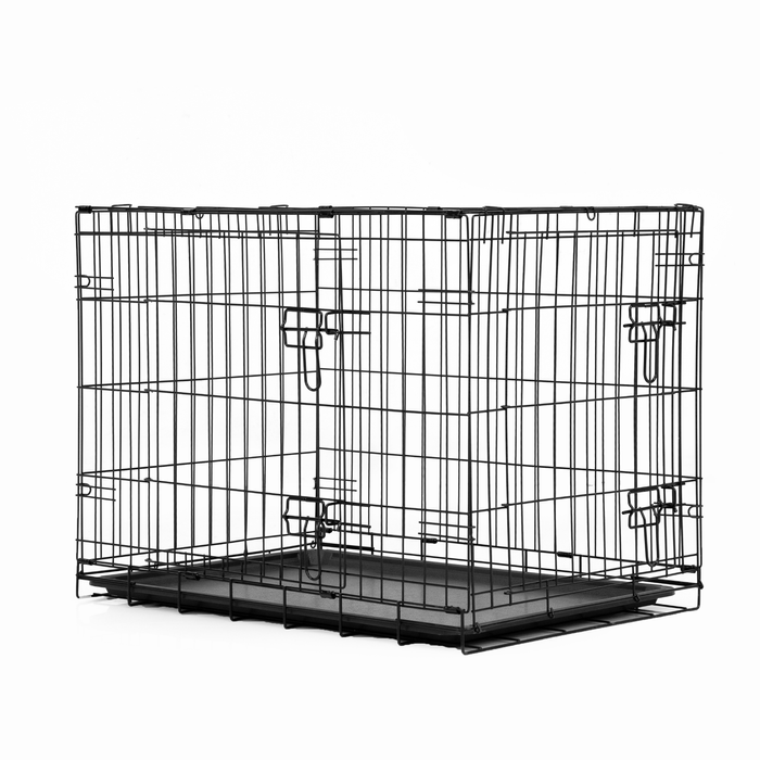 Black metal dog crate on a white background at Pet Servo