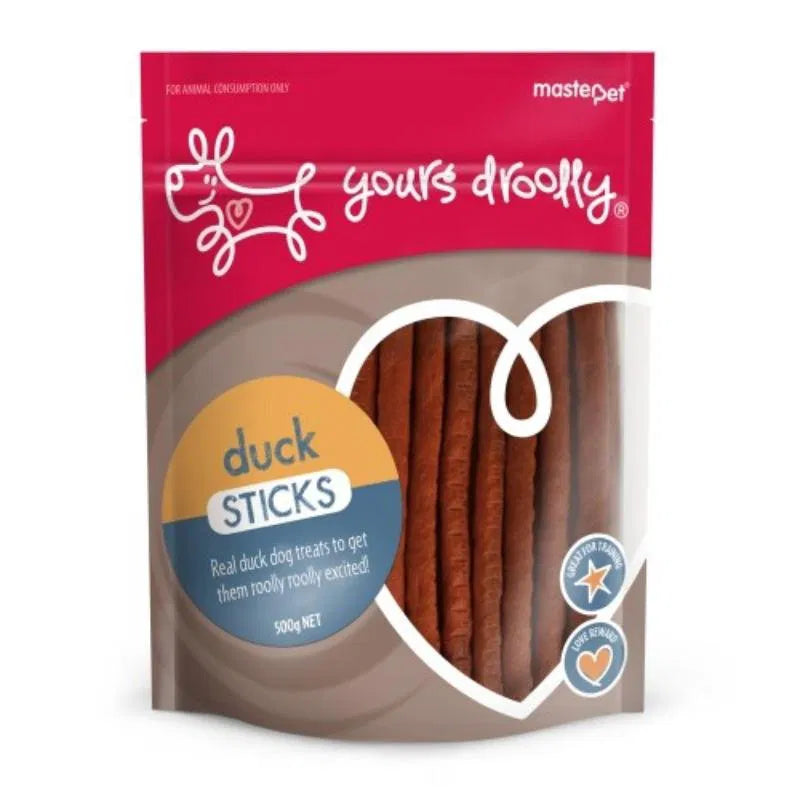 Package of 'yours droolly' duck sticks dog treats with visible branding at Pet Servo