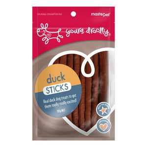 Package of duck sticks dog treats with 'maste' branding on a white background at Pet Servo