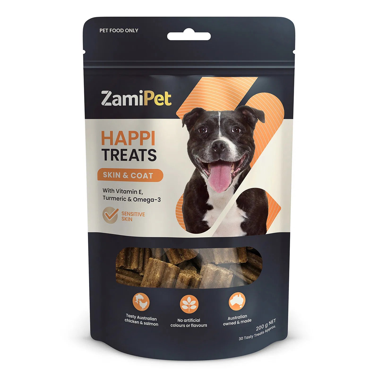 ZamiPet Happi Treats package for skin and coat with a dog on the label at petservo