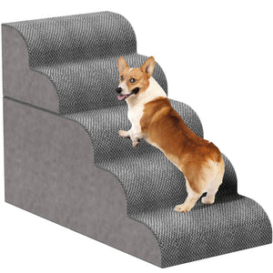 Dog using a set of gray pet stairs on a white background at Pet Servo
