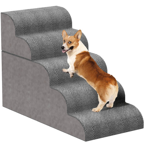 Dog using a set of gray pet stairs on a white background at Pet Servo