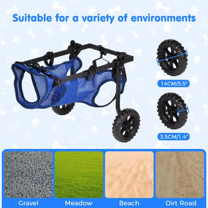 Blue mesh dog stroller with black frame and three wheels, shown on a light blue background with text stating 'Suitable for a variety of environments' and four road/ground type panels labeled Gravel, Meadow, Beach, and Dirt Road at Pet Servo