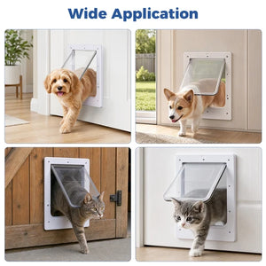 Four-panel collage showing a pet door in use by a dog and two cats, with the headline 'Wide Application' at the top. The product is a white rectangular entry/exit door with a clear hinged flap, shown mounted on doors in indoor and outdoor settings at Pet Servo