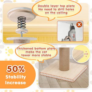 Cat tower base with stability features and text on a yellow background at Pet Servo