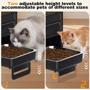 Two adjustable height cat feeders with cats eating from them on a wooden floor at Pet Servo