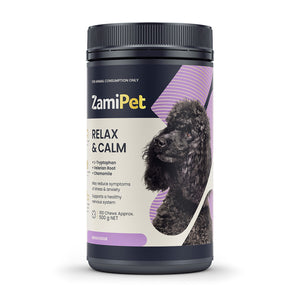 ZamiPet Relax & Calm 100 chews supplement container with a black dog on a white background at Pet Servo