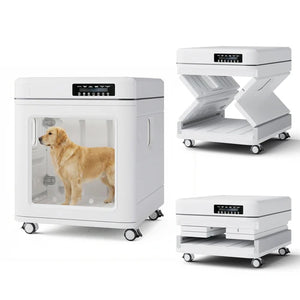 Pet grooming or care machine with a dog inside, on a white background at Pet Servo