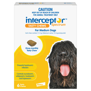 Box of Interceptor Spectrum Tasty Chews for medium dogs with a dog's face on the packaging.