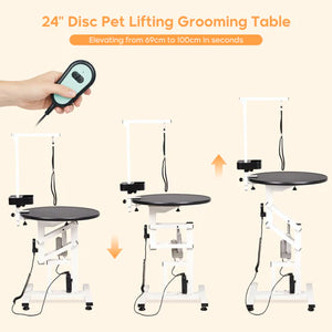 Pet grooming table with adjustable height shown in three stages, controlled by a handheld remote at Pet Servo