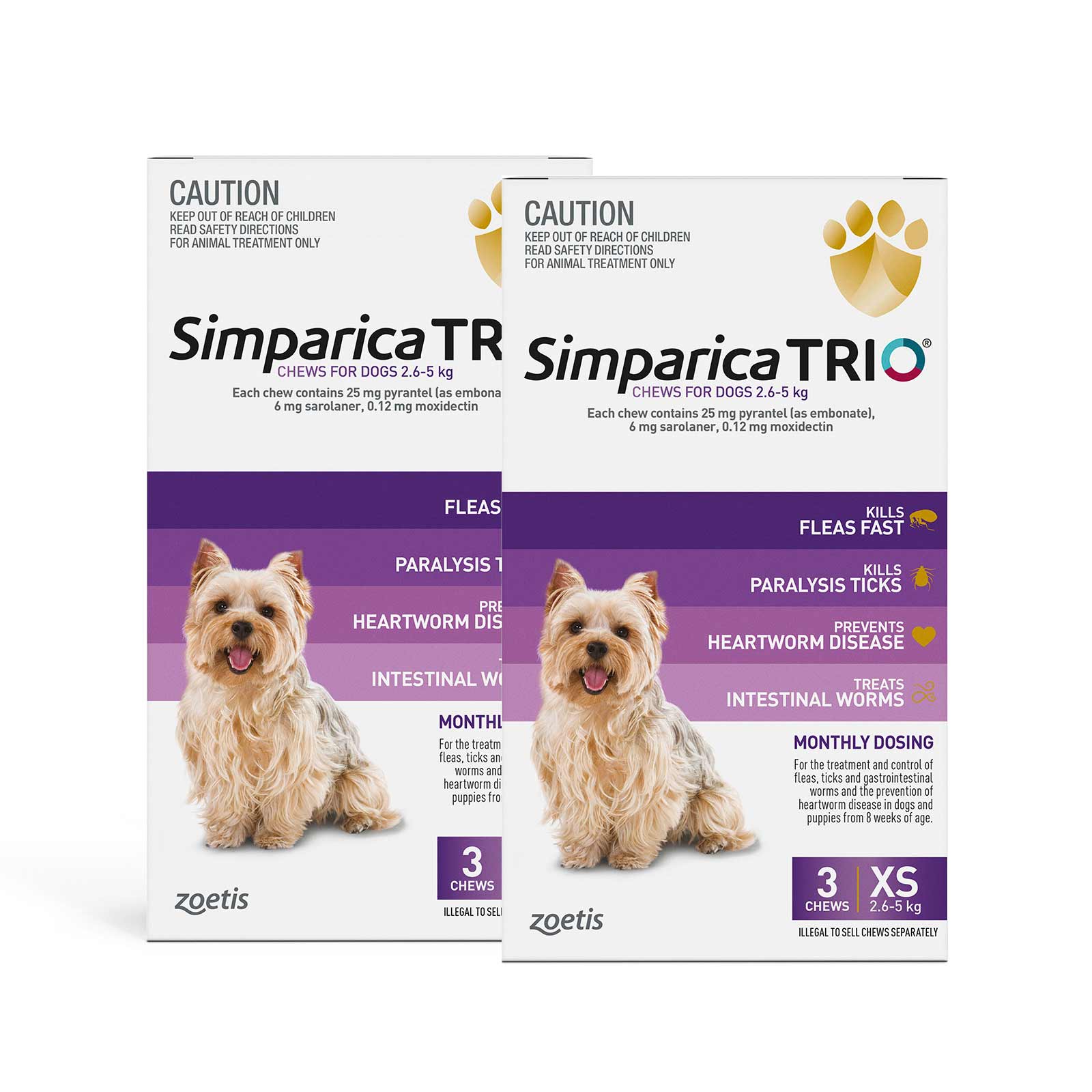 Simparica TRIO 6 packaging for small dogs with images of dogs and product details at Pet Servo