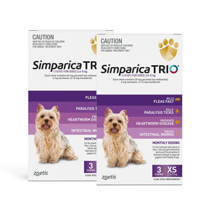Simparica TRIO 6 packaging for small dogs with images of dogs and product details at Pet Servo