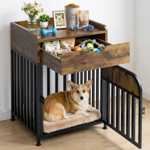Dog crate with wooden top shelf containing pet supplies, a dog lying on a blanket inside at Pet Servo