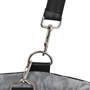 Close-up of a gray bag with black straps and metal clasps on a white background at Pet Servo