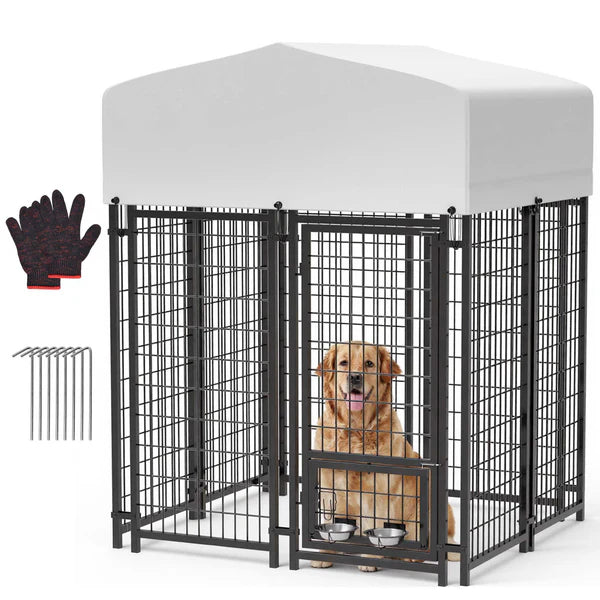 Dog crate with a dog inside, gloves, and stakes on a white background at Pet Servo