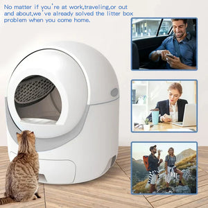Cat using a self-cleaning litter box with lifestyle images of people using technology.