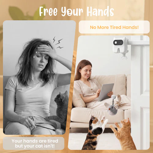 Woman with tired expression next to a woman using a pet toy with cats, with text 'Free Your Hands' and 'No More Tired Hands!' at Pet Servo