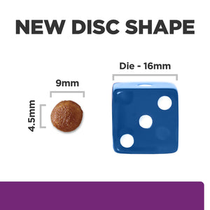 Comparison of a blue die-shaped disc and a brown round disc with measurements on a white background.