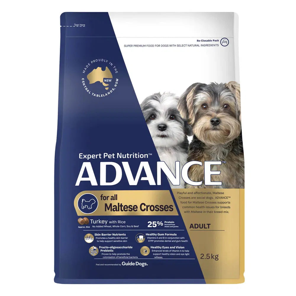Advance dog food package for Maltese crosses with two dogs on the label at Pet Servo