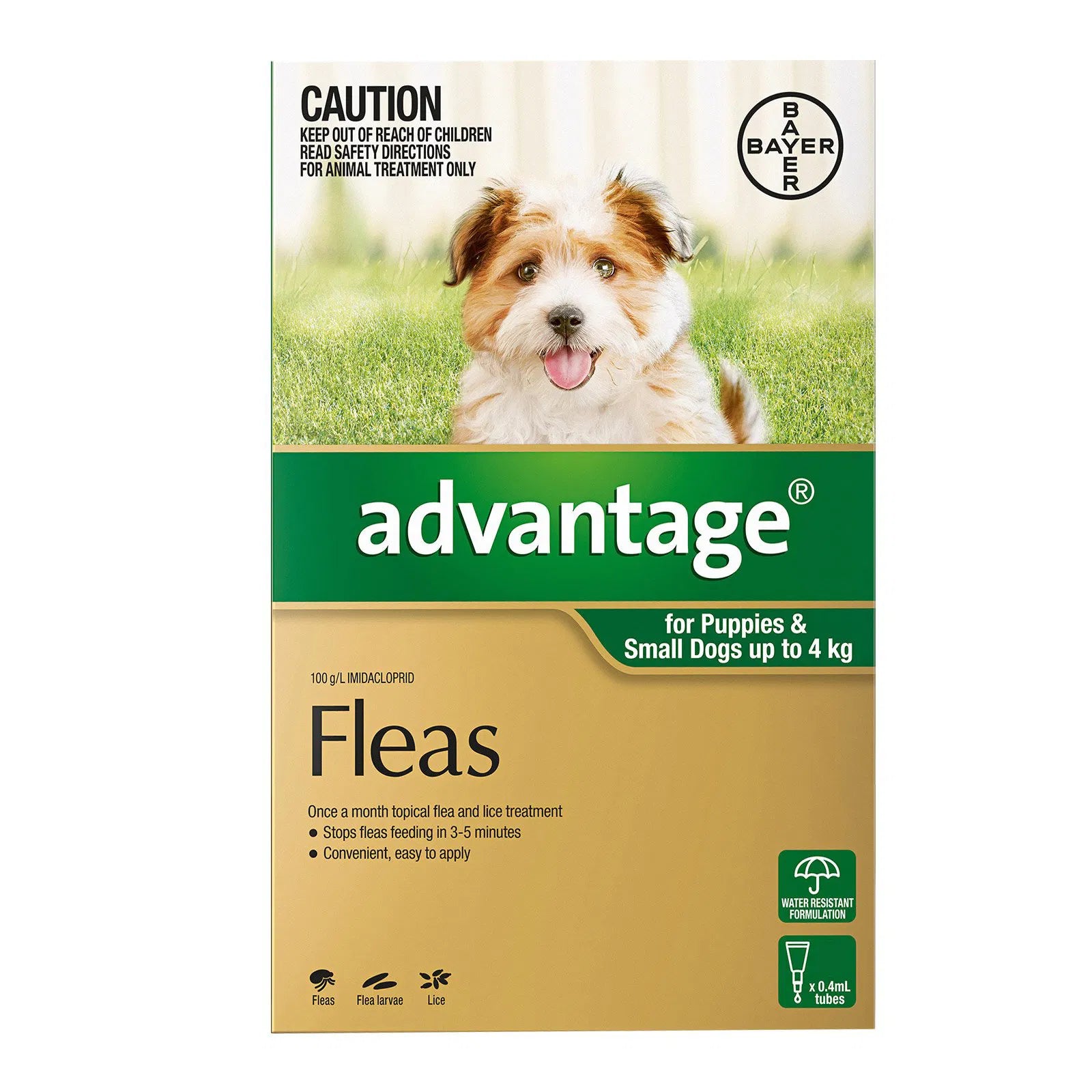 Advantage flea treatment packaging for puppies and small dogs with a dog on the label at Petservo.