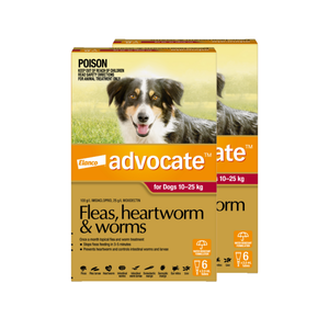 Advocate flea, heartworm, and worm treatment packaging for dogs on a white background at Pet Servo