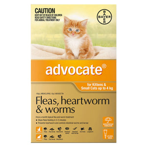 Advocate flea, heartworm, and worm treatment packaging for kittens and small cats with a cat illustration on a white background at Pet Servo.