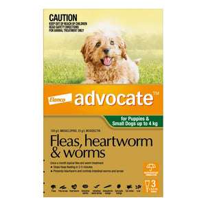 Advocate flea, heartworm, and worm treatment packaging for puppies and small dogs with a dog on the grass at Pet Servo