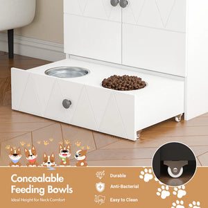 Concealable feeding bowls with wheels on a wooden floor, featuring text about product features.