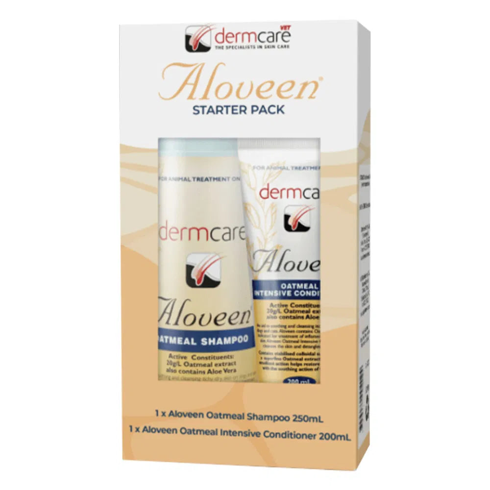 Dermcare Aloveen starter pack with shampoo and conditioner on a white background at Pet Servo