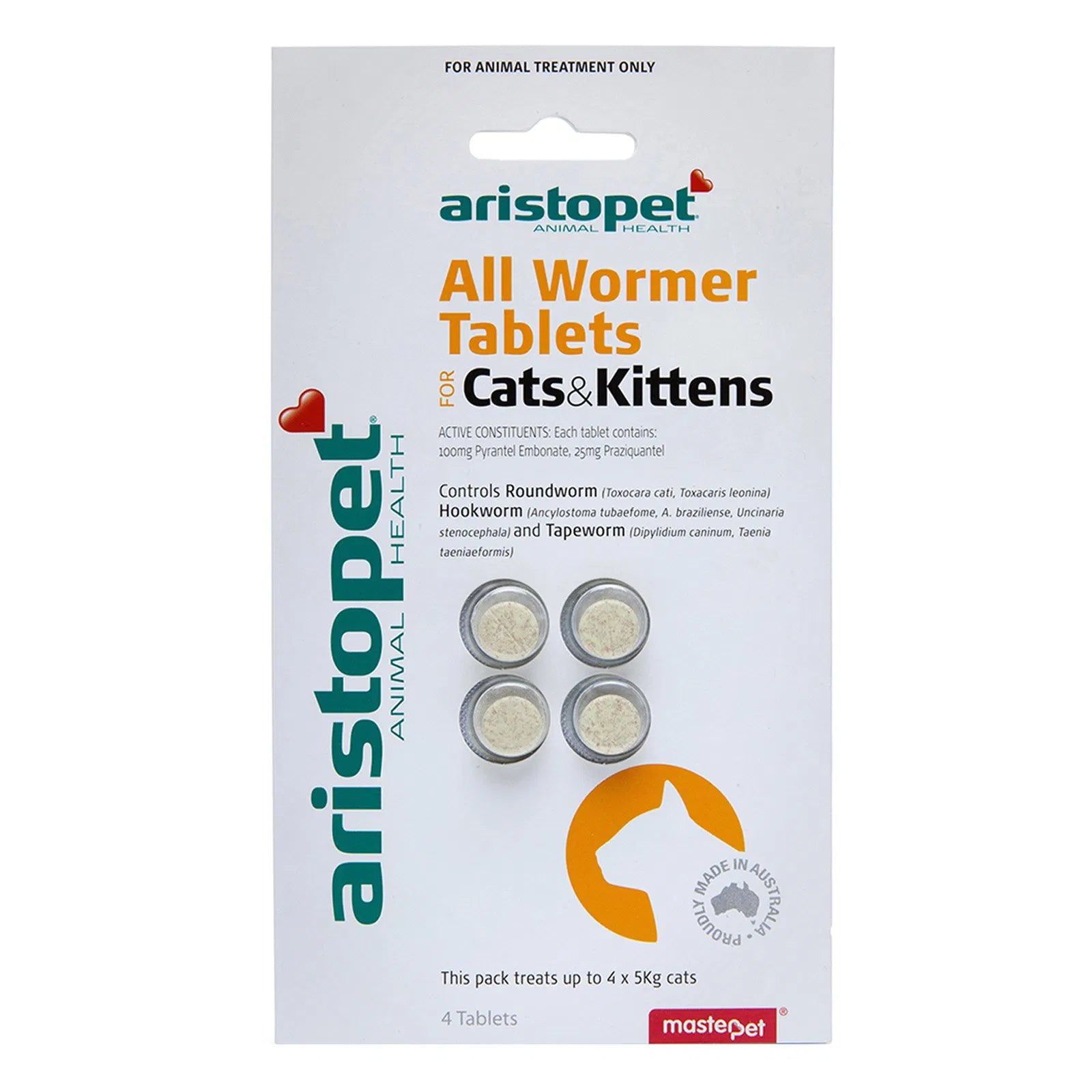 Pack of Aristopet All Wormer Tablets for cats and kittens on a white background at Petservo.