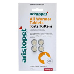 Pack of Aristopet All Wormer Tablets for cats and kittens on a white background at Petservo.