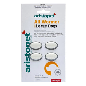 Aristopet All Wormer for large dogs packaging with four tablets on a white background at Pet Servo