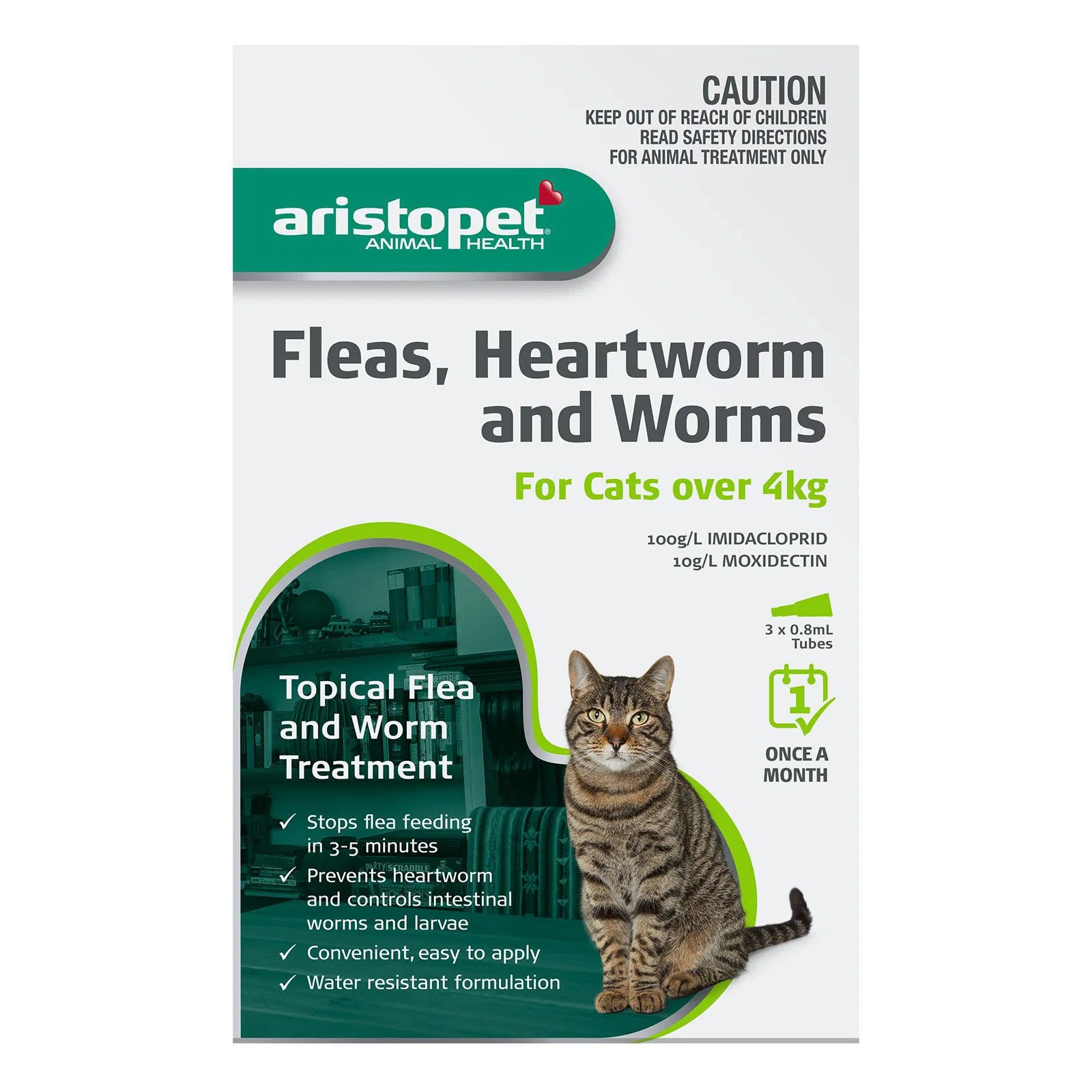 Aristopet cat treatment package for fleas, heartworm, and worms on a white background at Petservo.