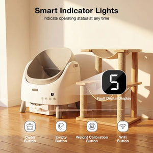 White pet litter box with smart indicator lights and digital display on a wooden floor at Pet Servo