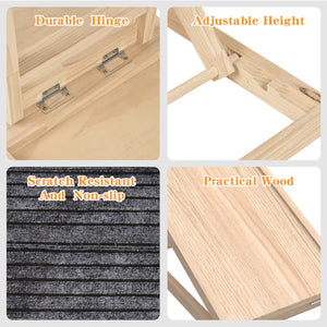 Collage of wooden product features including durable hinge, adjustable height, scratch-resistant mat, and practical wood at Pet Servo