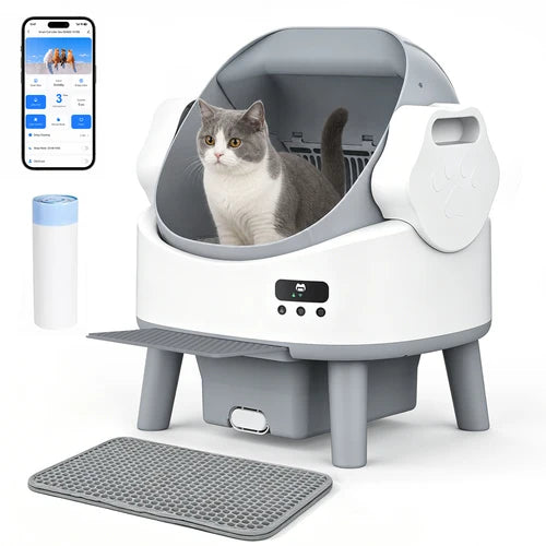 Smart pet litter box with a cat inside, app on phone, and additional mat on a white background at Pet Servo