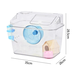 Clear hamster cage with blue wheel, wooden house, and pink platform, dimensions shown.