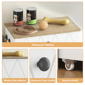 Wooden tabletop with pet supplies and features highlighted on a white background