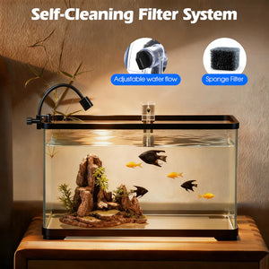 Aquarium with a self-cleaning filter system, adjustable water flow, and sponge filter components.
