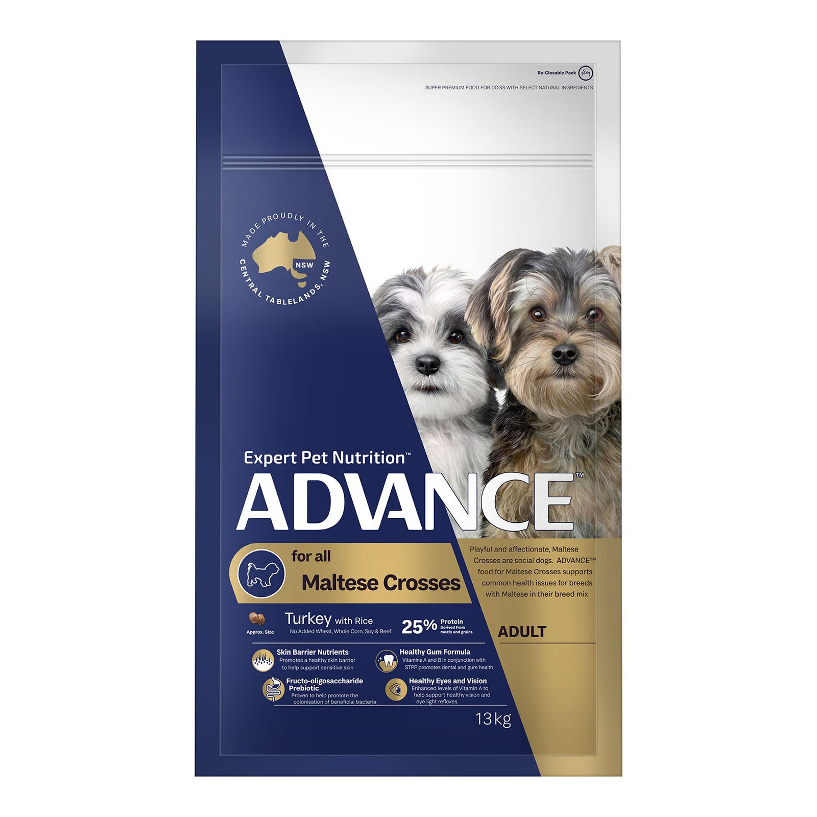 Advance dog food package for Maltese crosses with two dogs on a white background at Pet Servo