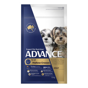 Advance dog food package for Maltese crosses with two dogs on a white background at Pet Servo