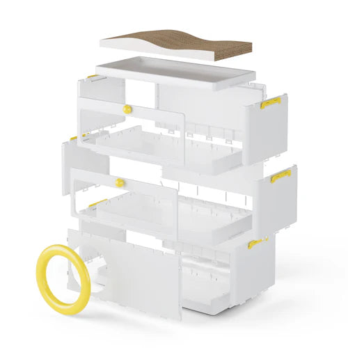White storage cart with wooden top and yellow wheels on a white background at Pet Servo