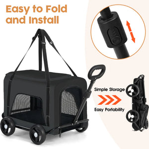 Black pet stroller with features highlighted on a white background