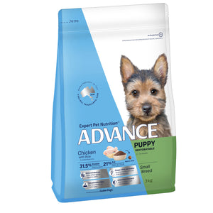 Advance Puppy food package for small breeds with a puppy on the label