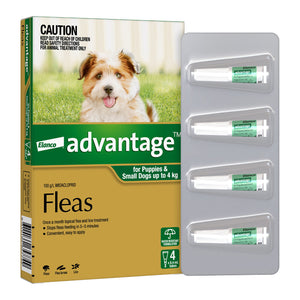 Elanco Advantage flea treatment packaging for puppies and small dogs, showing both box and vials at Pet Servo