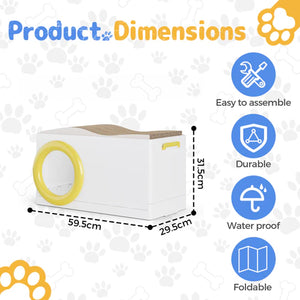 Product dimensions chart with a white and yellow container, featuring assembly, durability, waterproof, and foldable icons at Pet Servo