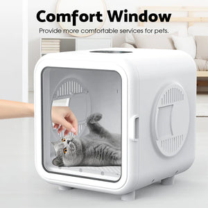 Pet enclosure with a comfort window, showing a cat inside, on a light background at Pet Servo